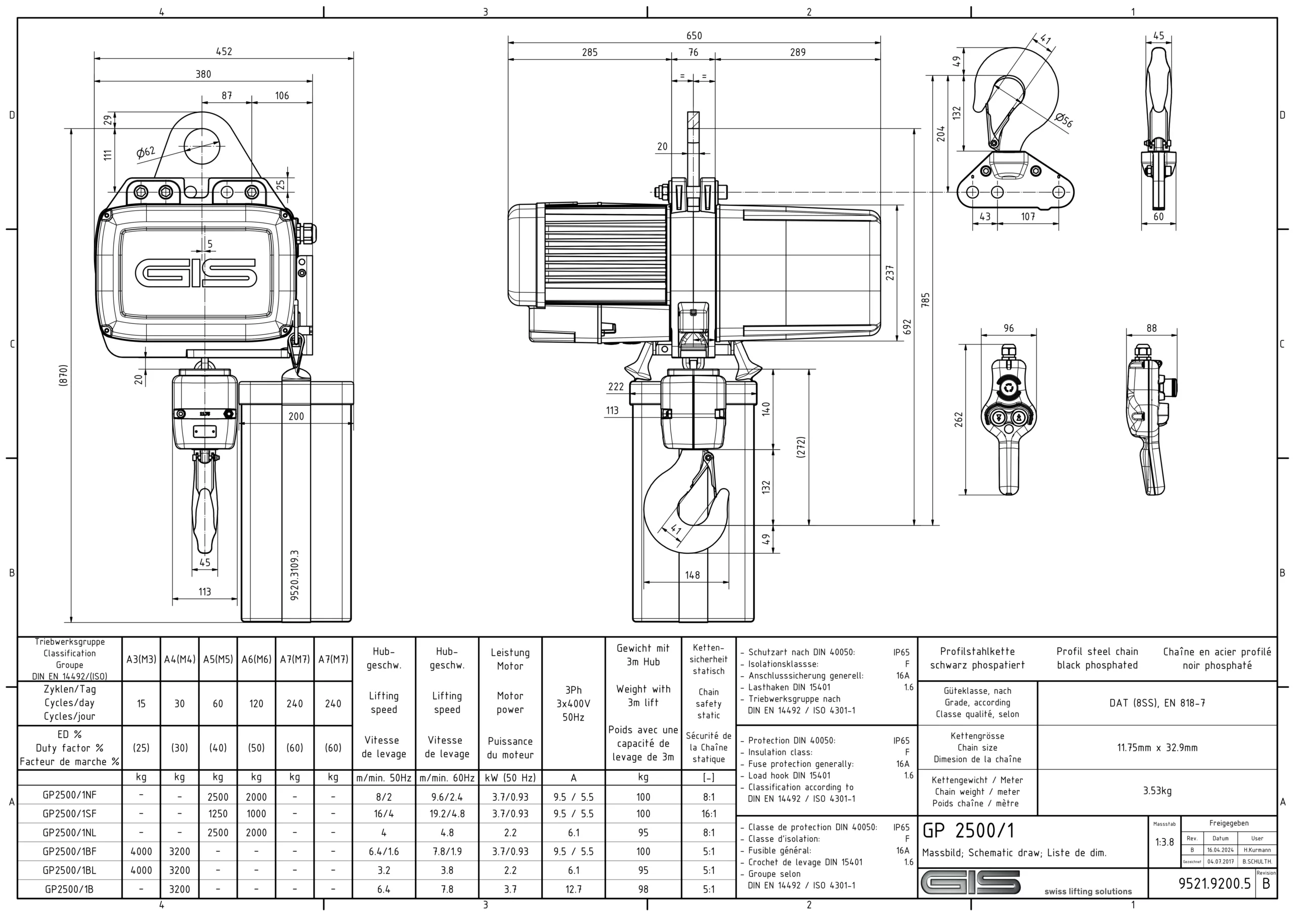 GIS GP2500 електрична дигалка со синџир, 1000–6300 kg