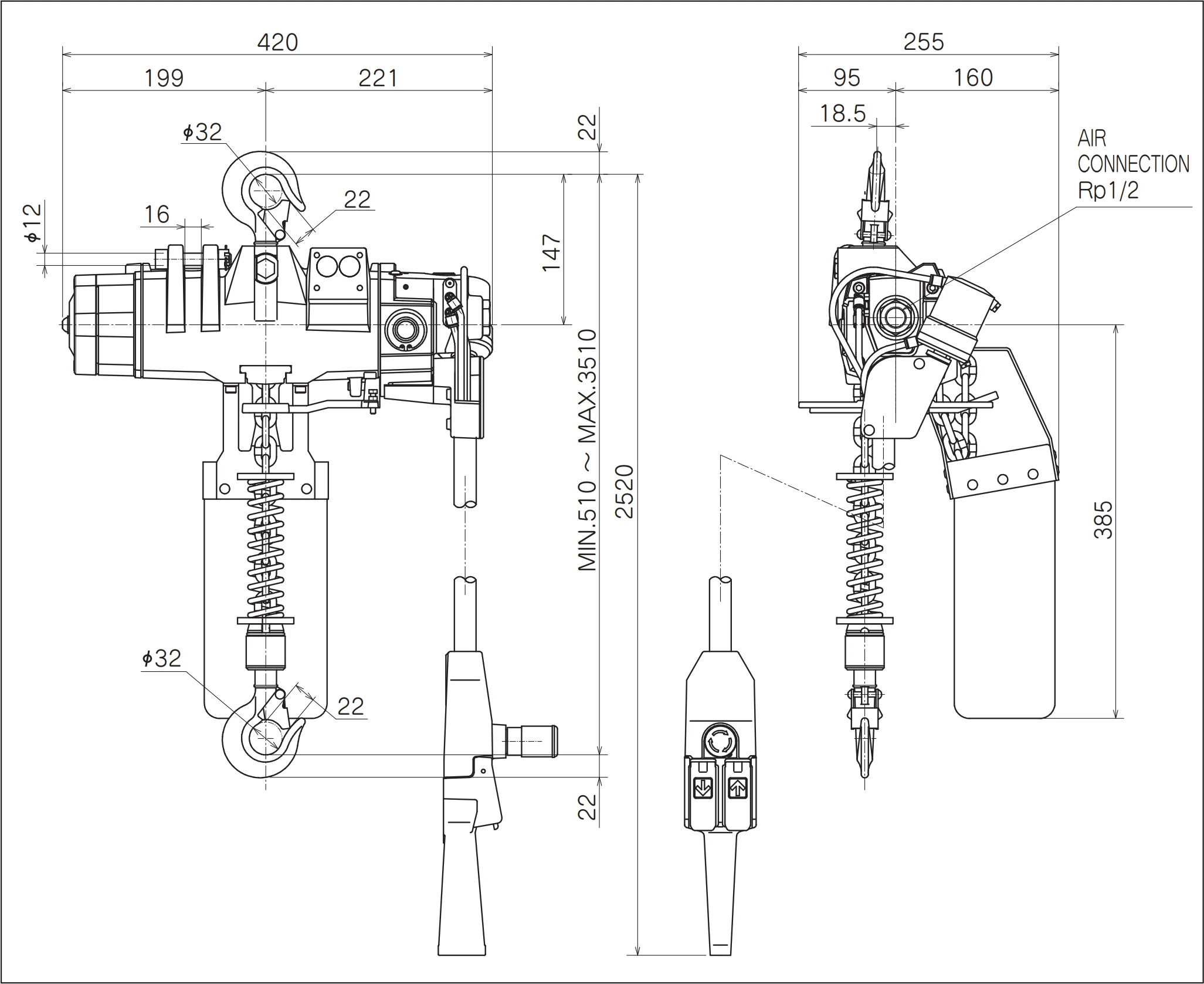 ENDO ATEX пневматска дигалка со синџир и автоматска фрикциона сопирачка